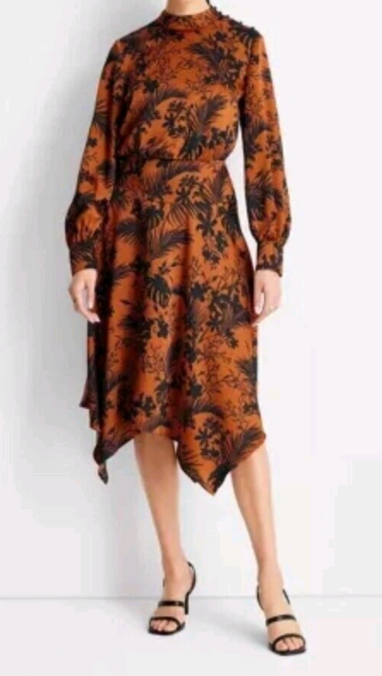 Future Collective Kahlana Barfieild Brown floral satin asymmetrical dress Large